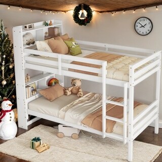 Functional Bunk Bed with Bookcase,Detachable Kids Beds,Twin over Twin