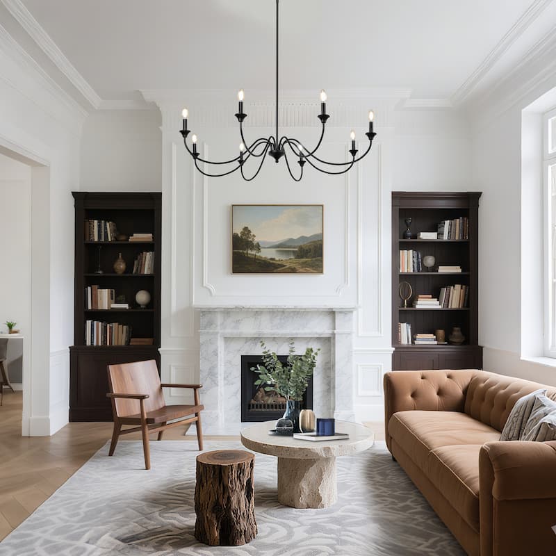 Modern Black 8-Light Chandelier Classic Candle Wheel Lights for Dining Living Room Entryway - D 47.2" x H 9.4"