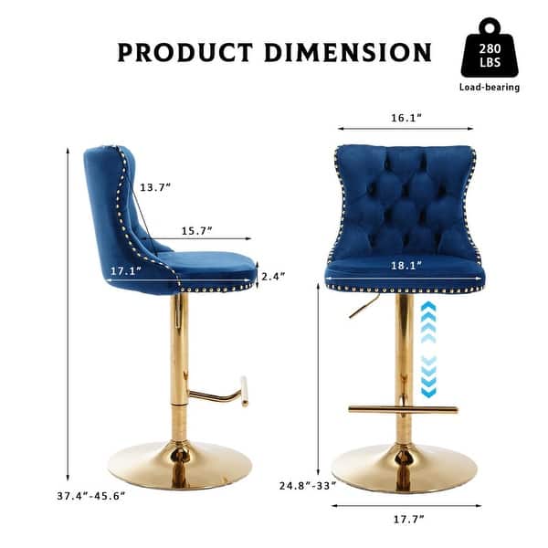 dimension image slide 7 of 16, Velvet Upholstered Nailheads Tufted Swivel Bar Stools (Set of 6)