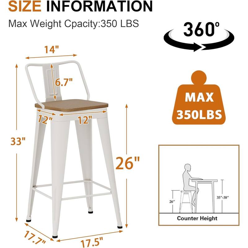 Swivel Counter & Bar Stools with Metal Frame Farmhouse 26" and 30" Seat Height Kitchen Barstools with Low Back and Wooden Seat