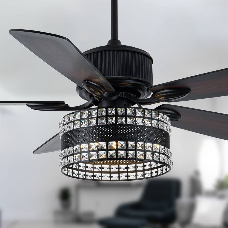 Oaks Aura Geneva 52in. Modern Classic Reversible Glam Crystal Ceiling Fan with Lights, 6-Speed Fan Lights with Remote - 52 - Black