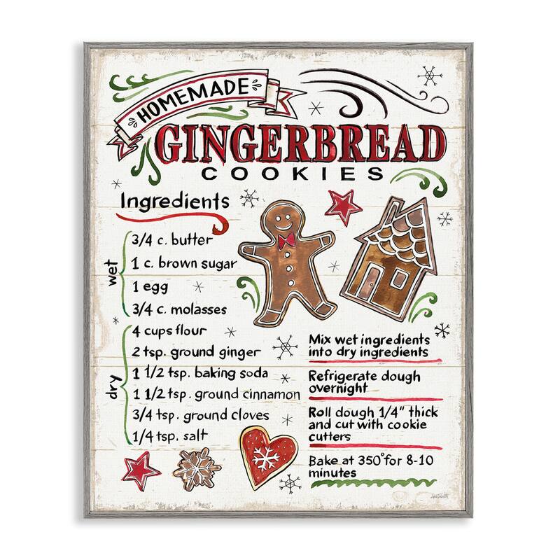Stupell Homemade Gingerbread Cookies Holiday Cooking Instructions Framed Wall Art - Red - 16 x 20 - Grey