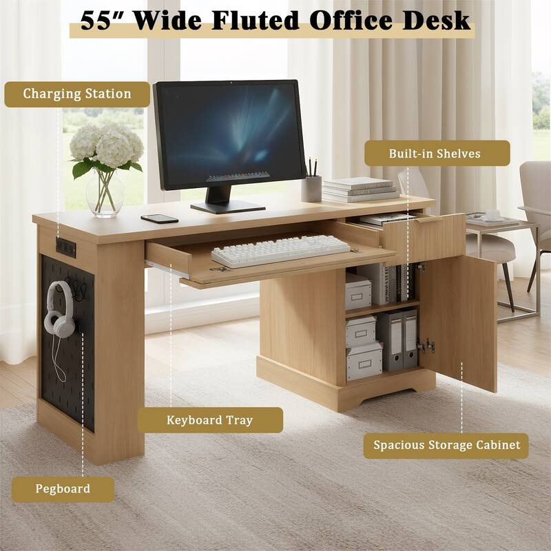 Roomfitters 55" Modern Fluted Office Desk with Charging Station, Storage Cabinet & Pegboard
