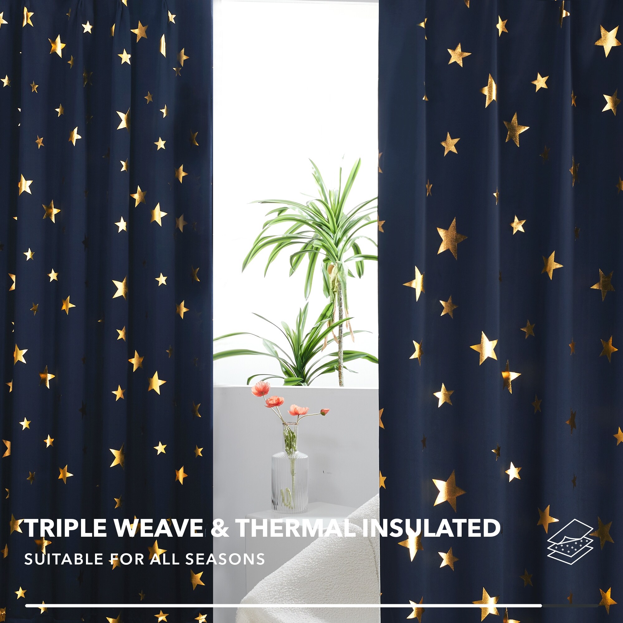 Gold Star Foil Pattern Curtains for Kids Bedroom 2 Panels