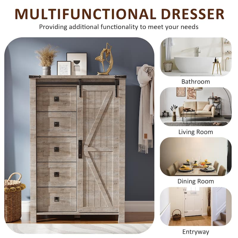 Farmhouse 5 Drawers Dresser, Vintage Chest of Drawers with Barn Door