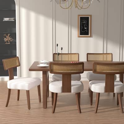 Set of 2 Mid-Century Modern Dining Chairs – Solid Wood Frame with Woven Rattan Backrest, Stylish Accent Chairs .