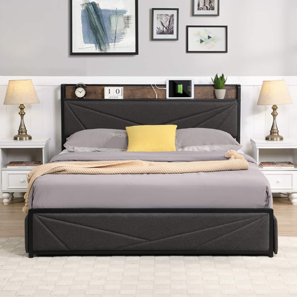 Full Bed Frame, Storage Headboard with Charging Station, Dark Grey