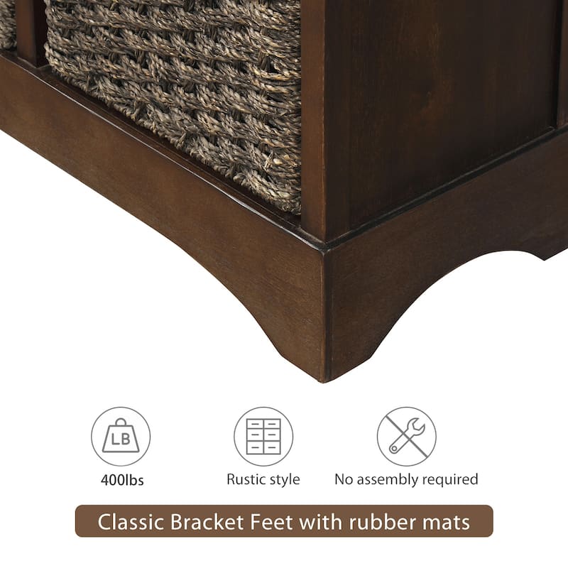 Rustic Storage Cabinet with Two Drawers and Four Classic Rattan Basket for Dining Room/Living Room