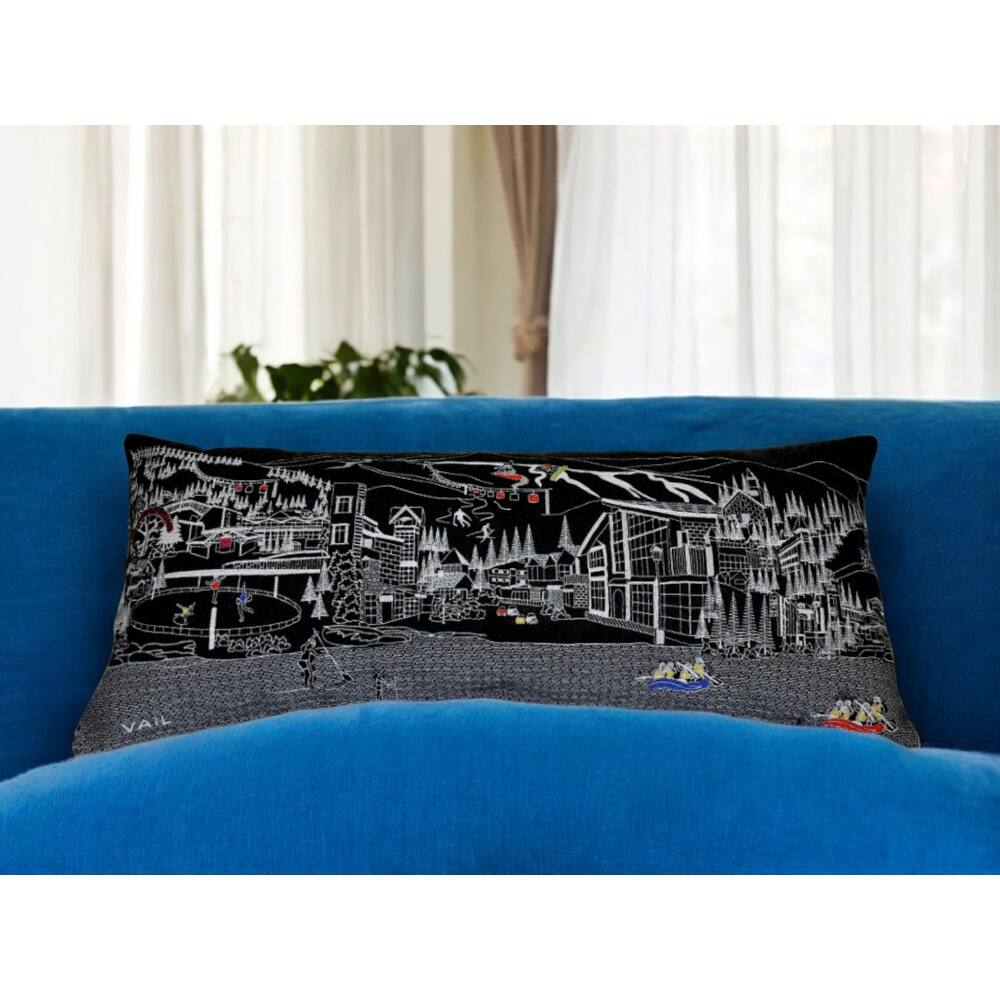HomeRoots 35" Black Vail Nighttime Skyline Lumbar Decorative Pillow