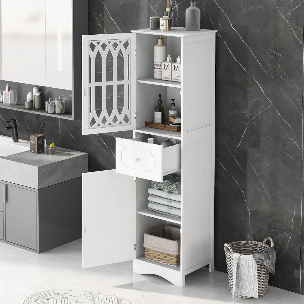 Freestanding White Bathroom Storage Cabinet with Adjustable Shelf