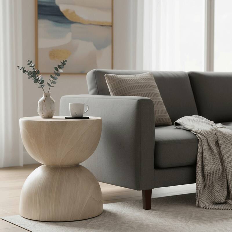 Sage 16-Inch Round Side Table in Fiberstone for Indoor and Outdoor Modern Weather Resistant End Table Hourglass Design