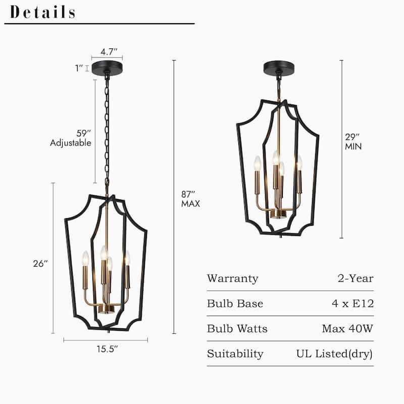 Modern Farmhouse 4-Light Black Gold Lantern Chandeliers Metal Pendant Light for Dining Room