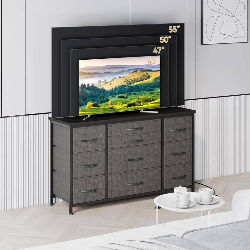 55 Inch Dresser TV Stand with Charging Station and Wood Tabletop