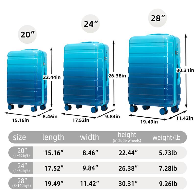 20"/24"/28" 3 pcs/set in PC Spinner Wheel Luggage, Carry on Suitcase, With Gradient Color and Combination Lock