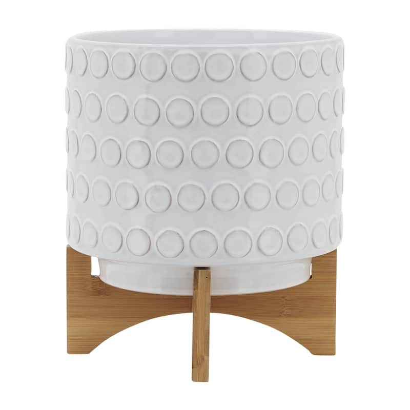 Sagebrook Home Ceramic Planters: Elevate Your Greenery with Stylish Bamboo Wood Stands - Perfect Home Decor Accessory