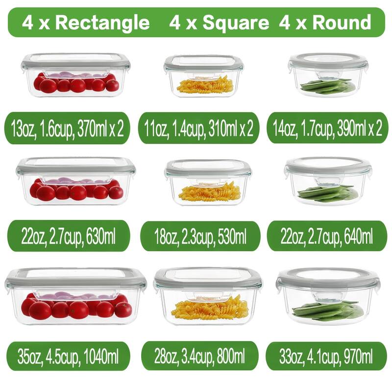 12 Sets Glass Food Storage Containers with Lids, Glass Meal Prep Containers, Airtight Glass Bento Boxes, BPA Free & Leak Proof
