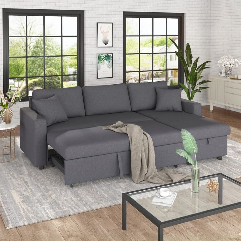 87.44" Upholstery Sectional Sofa Sleeper with Storage Space, 2 in 1 Pull-Out Sofa Bed