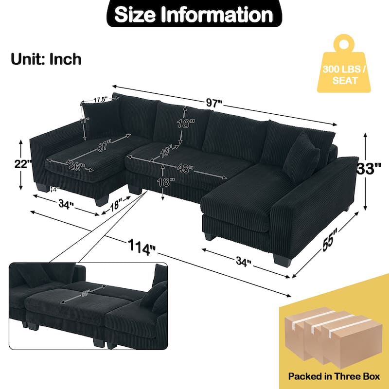 114" U Shape Corduroy Sofa Oversize Sectional Couch Upholstered Sofa Bed