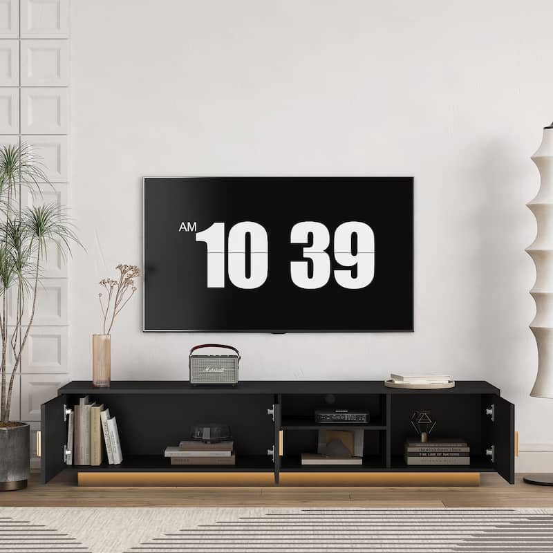 Black 65" Mid-Century TV Stand with LED Lights & Storage for TVs Up to 60"
