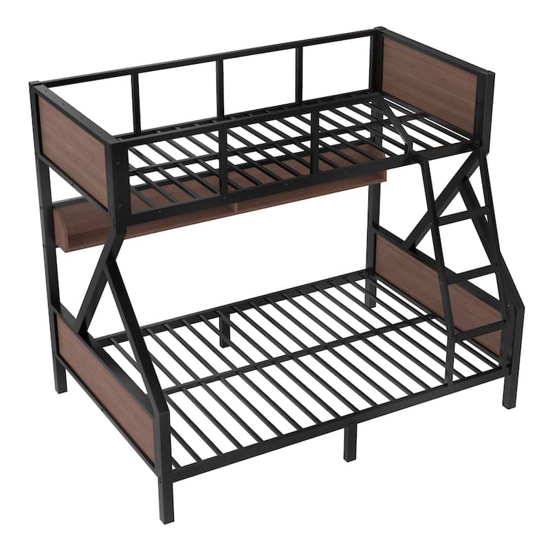 Metal Bunk Bed with Wood Storage Shelves and Light Strip, Noise-free Design Bed Frame with Guardrails, Ladder and Headboards