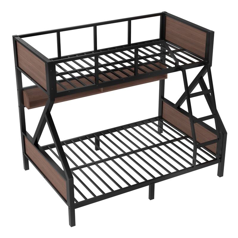 Twin over Full Bunk Bed, Metal Bunk Bed with Storage Shelves and Lights, Space-saving & Noise-free Design, Black