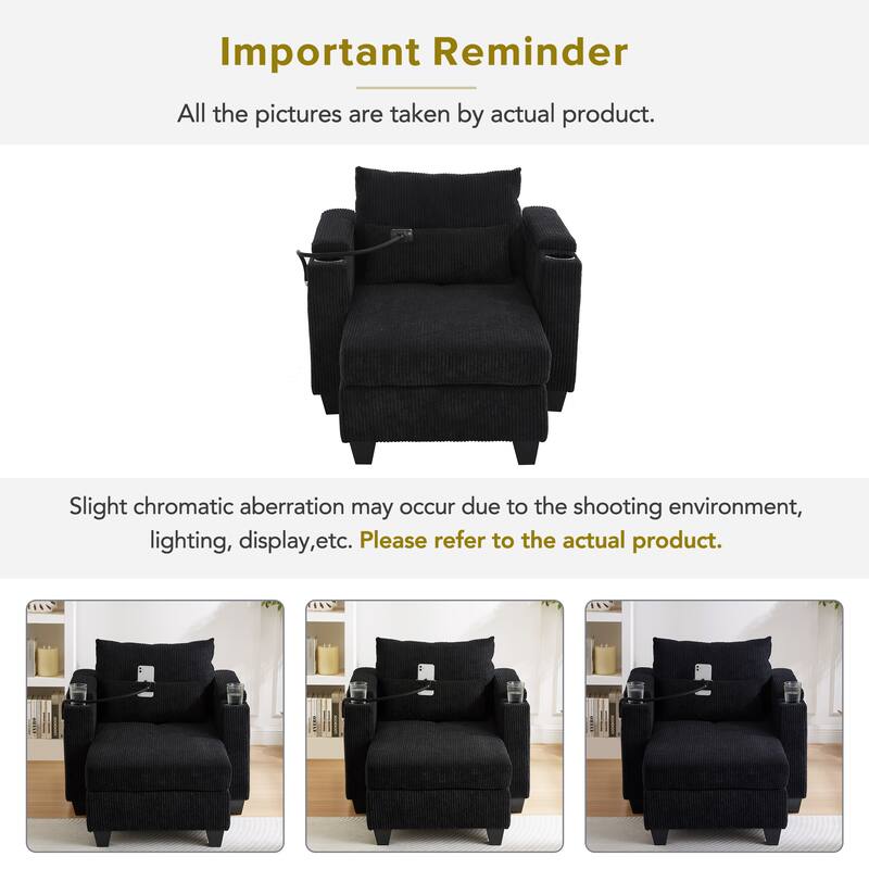 Convertible Sleeper Sofa Chaise Lounge with Movable Backrest, Corduroy Reading Chair with USB Ports, Cup Holders & Phone Holder