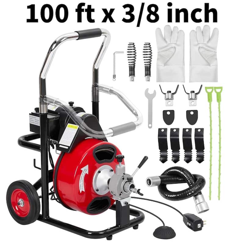 100FT 3/8 Inch Electric Drain Cleaner Machine for Sink, Toilet & Sewer - Red