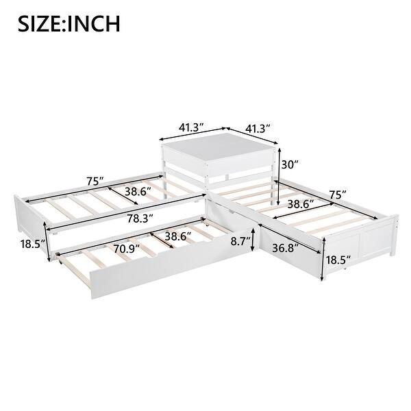 L-shaped Twin Platform Kids Bed with Trundle, Built-in Desk & Storage Drawers, 3-Beds in 1 for Space-Saving Solutions, White