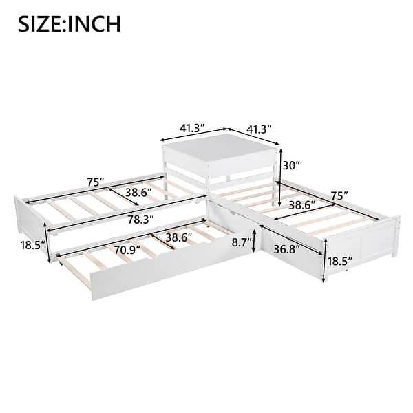 dimension image slide 1 of 3, L-shaped Twin Size Platform Bed with Trundle and Drawers Linked with Built-in Desk, White