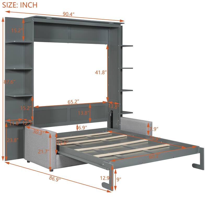Queen Size Murphy Bed Wall Bed with Sofa,Gray