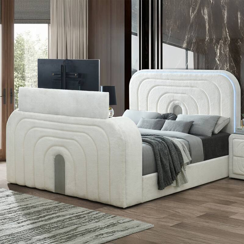 Upholstered LED Queen Bed with Fireplace in White and Chrome