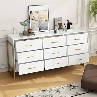 Elegant 9-Drawer Dresser with Gold Accents - Black Stripe Finish Chest ...