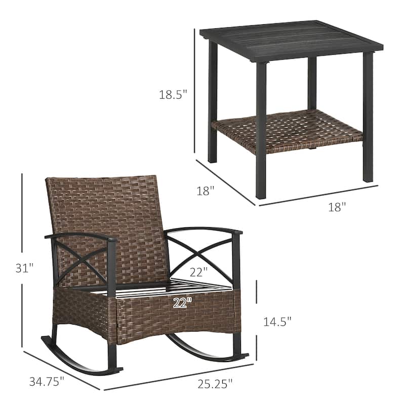 Outsunny 3 Piece Rocking Wicker Bistro Set, Outdoor Patio Furniture Set with two Porch Rocker Chairs - N/A