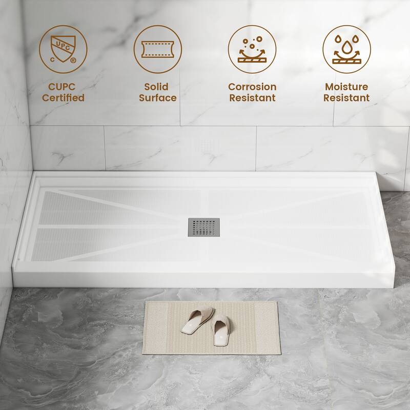 60 in. x 32 in. Elegant White Single Threshold Anti-slip SMC Rectangular Shower Base with Drain and Stainless Steel Drain Cover