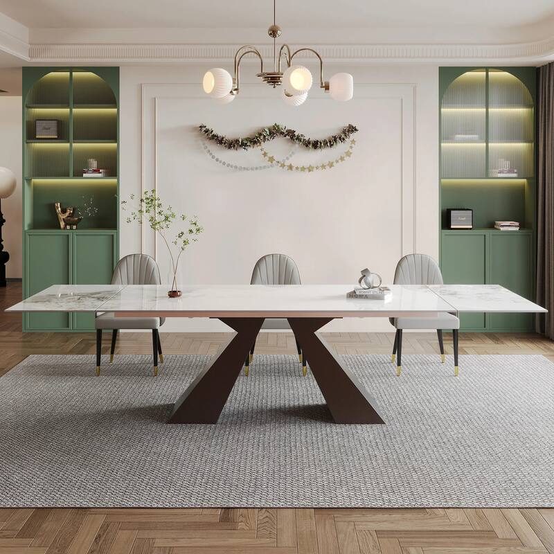 9 - Piece 110.24'' Extendable Sintered Stone Dining Table and 8 Leather Chairs Dining Set