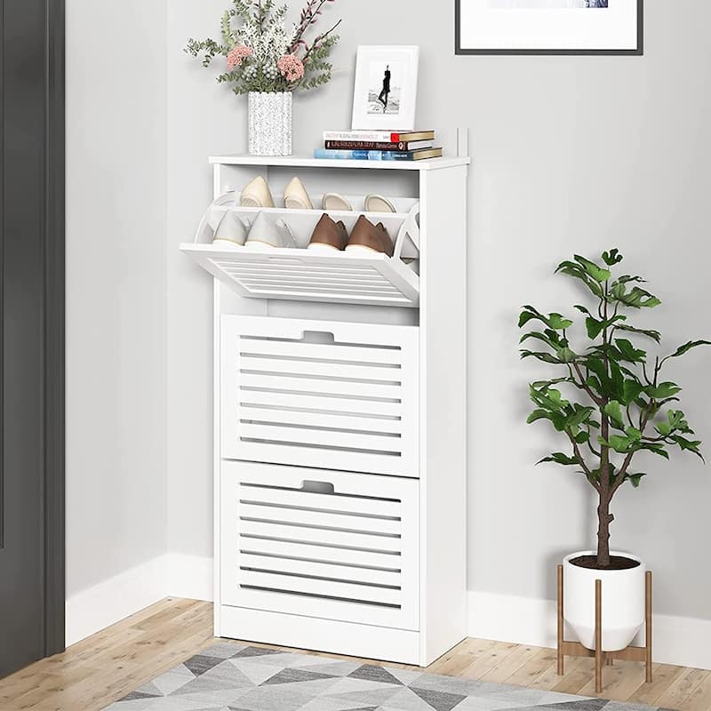 Freestanding Wood Shoe Storage Cabinet, 3 Flip Doors Shoe Rack