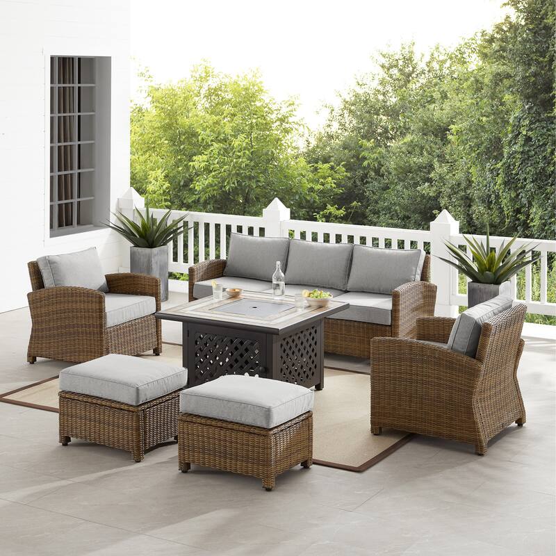 Crosley Bradenton 6Pc Outdoor Wicker Sofa Set W/Fire Table - 150.5 "W x 135 "D x 32.5 "H