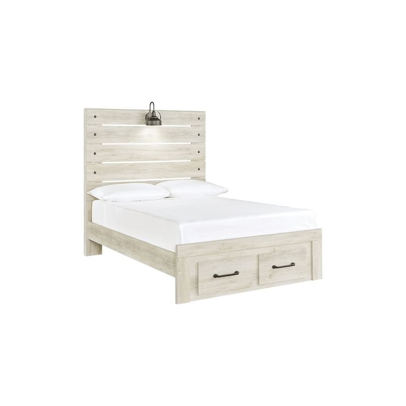 Cambeck Whitewashed Panel Bed w/ 2 Footboard Storage Drawers - Full