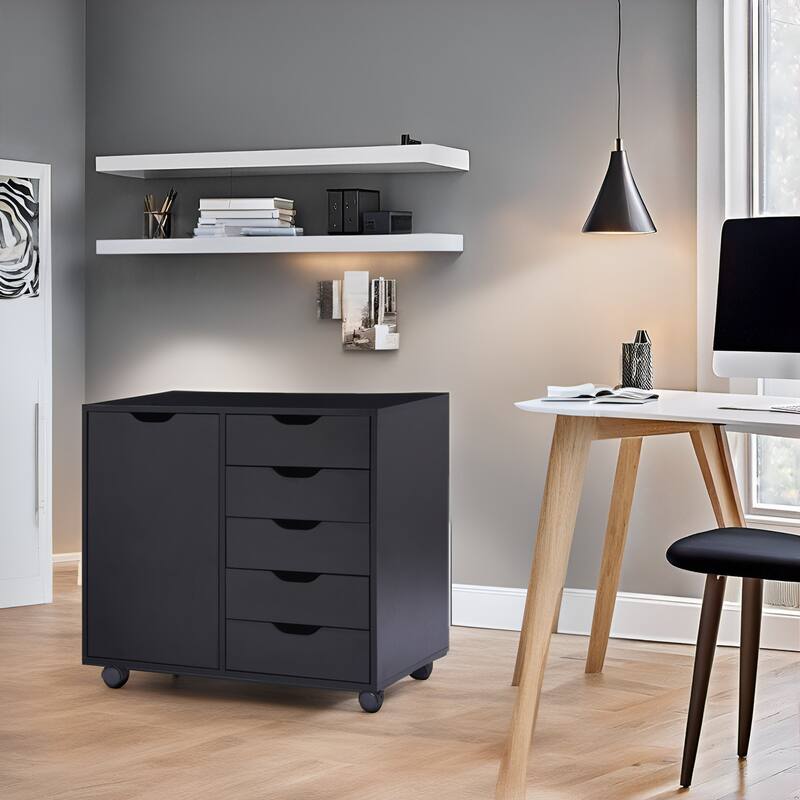 5-Drawer Wood Storage Dresser Cabinet with Wheels - Craft Organizer and Makeup Drawer Unit for Closet and Bedroom - Distressed Black