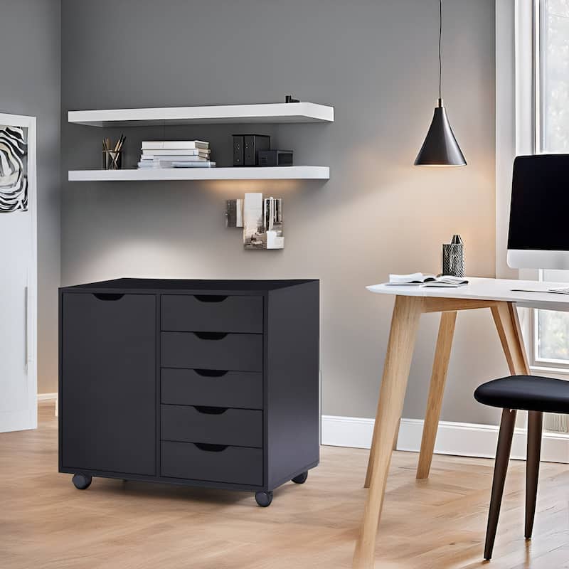Wooden 5-Drawer Office Storage Cabinet with Extra Shelf and 360° Mobility for Effortless Organization - Black