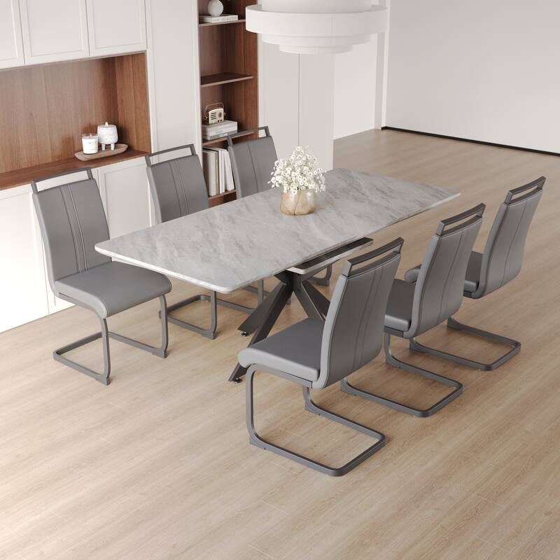 Modern Dining Set with Rectangular Extendable Table & C-shaped Tube Soft Padded Armless Chairs