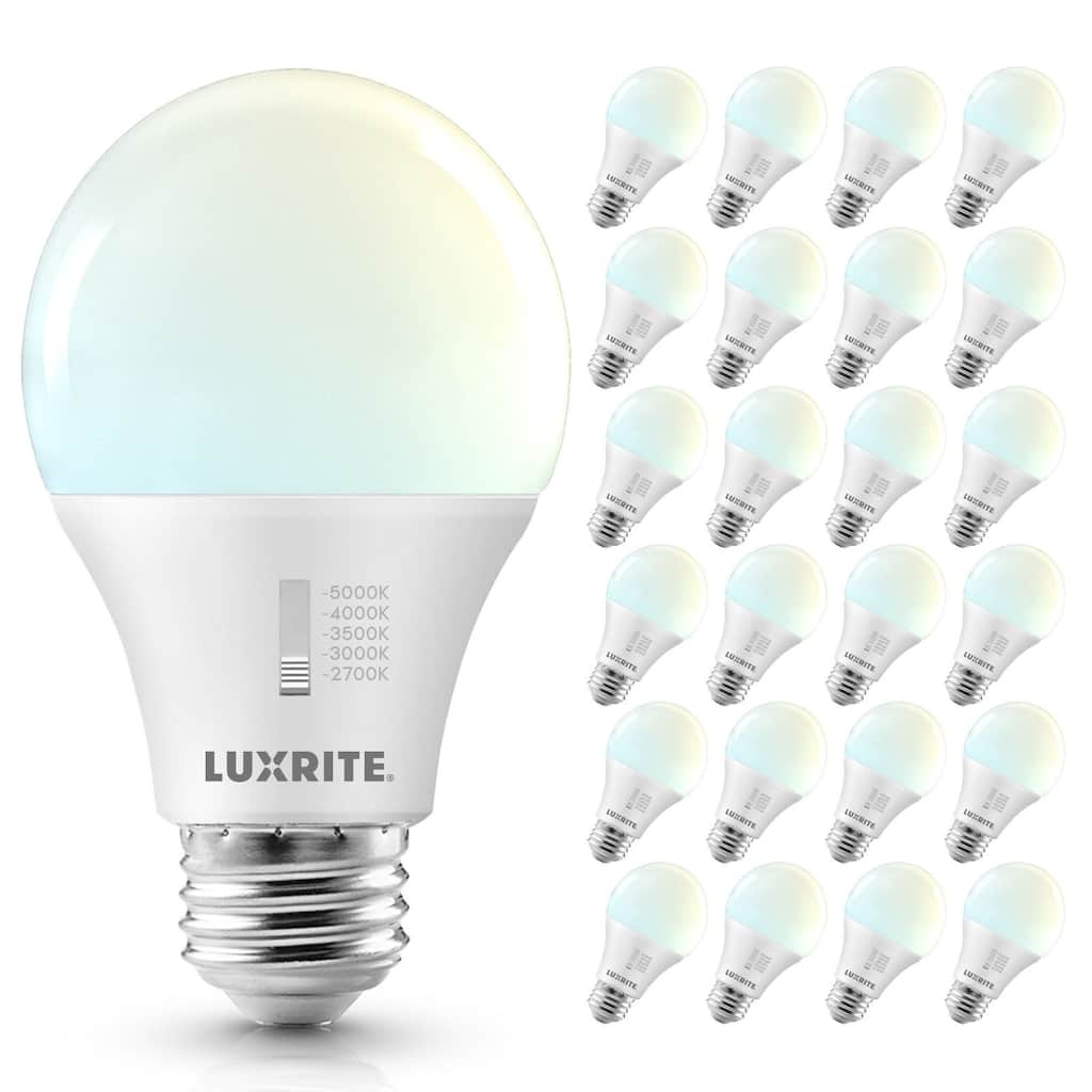 Luxrite A19 LED Light Bulb Dimmable 9W=60W CRI90 5CCT 800 Lumens E26 Base Title CA20 ETL 24 Pack