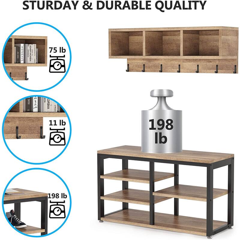 Entryway Coat Rack Shoe Bench Set, Industrial Hall Tree Coat Shoe Rack
