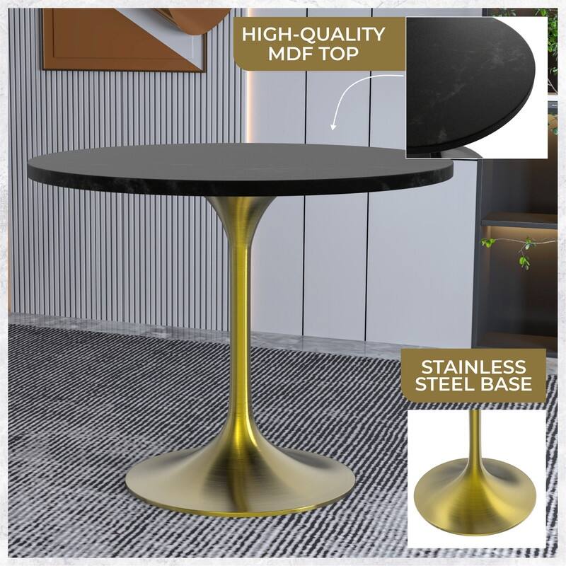 LeisureMod Verve 36" Round Dining Table with MDF Wood TableTop and Brushed Gold Base for Kitchen & Dining Room