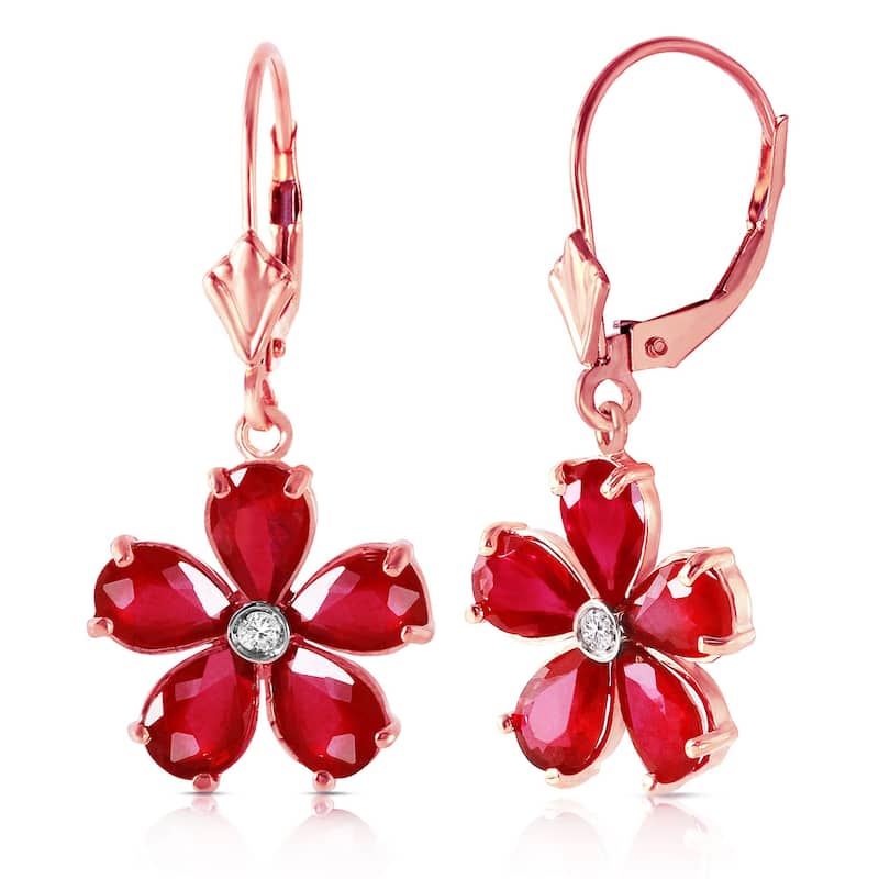 14K Solid Gold Leverback Earrings w/ Natural Rubies & Diamonds