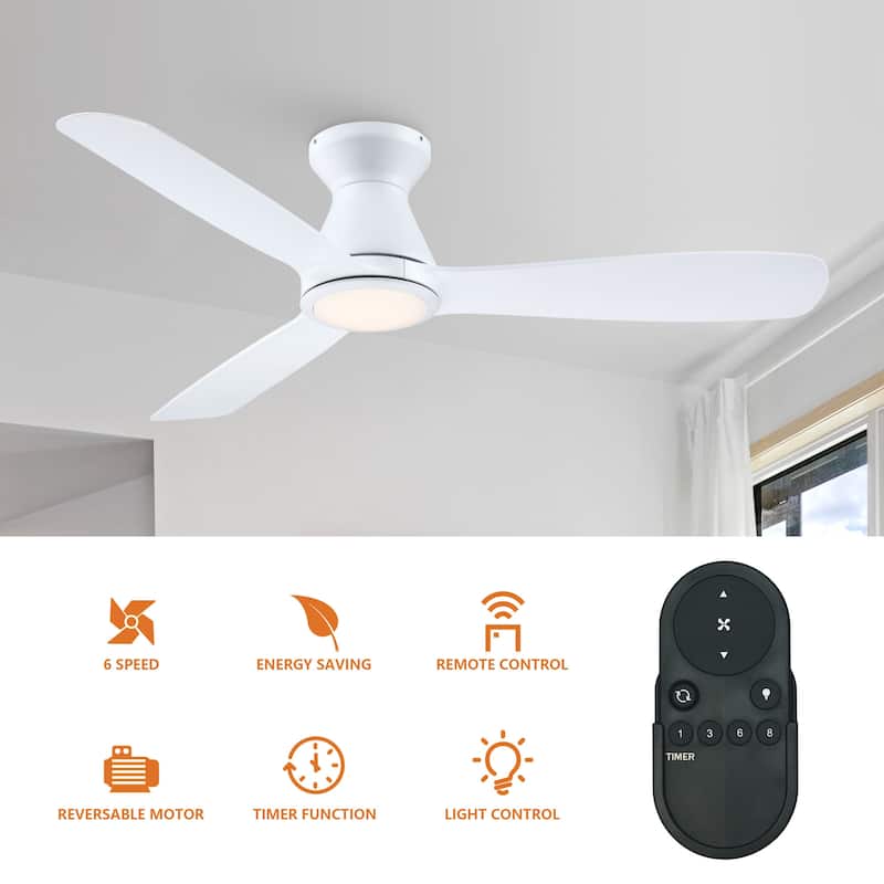 52" White Modern Timer Hugger Flush Mount LED Ceiling Fan with 6-speed DC Motor and Remote - 52 in. D x 52 in. W x 10.8 in. H