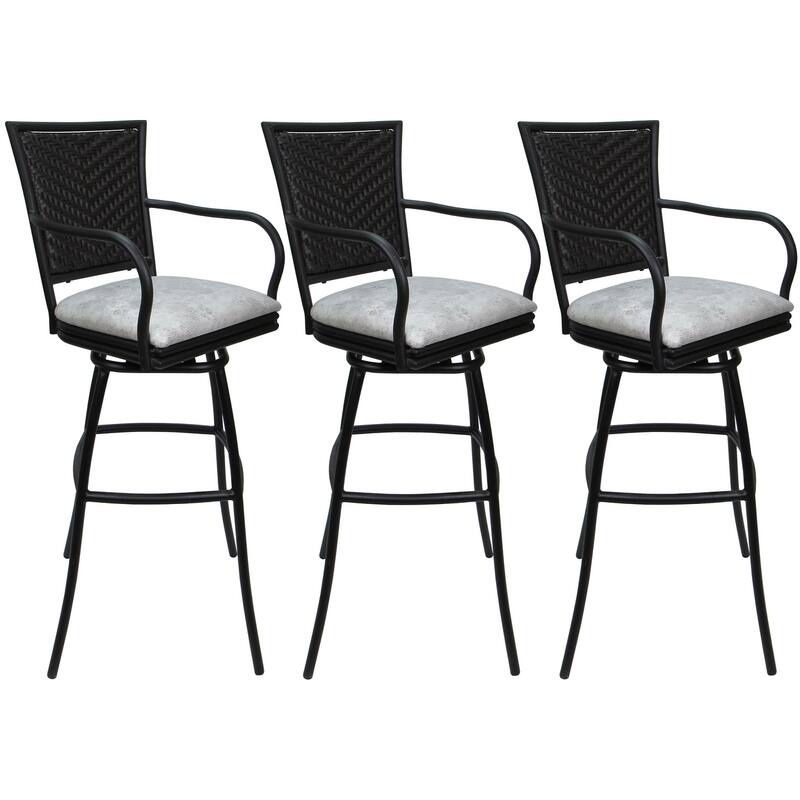 Set of 3 Outdoor Indoor Bar Stool Counter, Extra Tall - Erin with Arms - Ultra Hide White Vinyl - Black - Extra Tall