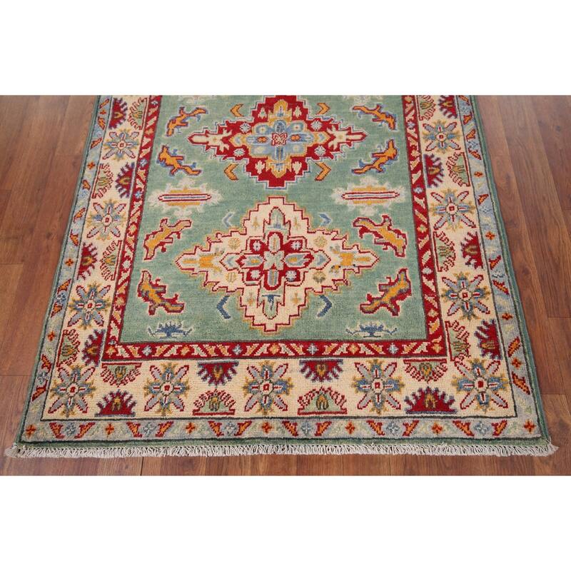 Light Green Kazak Accent Rug Handmade Wool Carpet - 3'5" x 4'11"