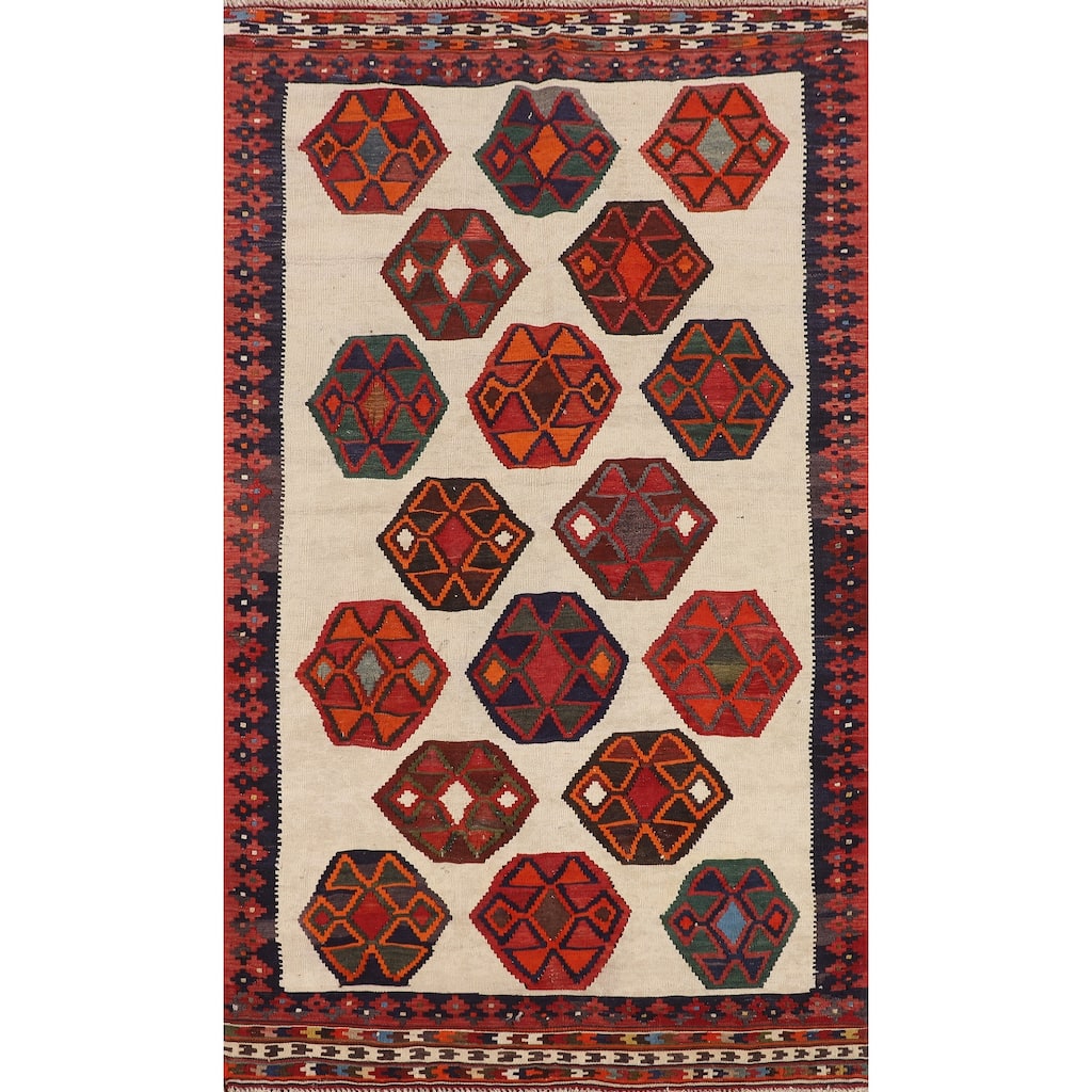 Ivory Kilim Qashqai Persian Vintage Area Rug Hand-Woven Wool Carpet - 4'3"x 7'4"