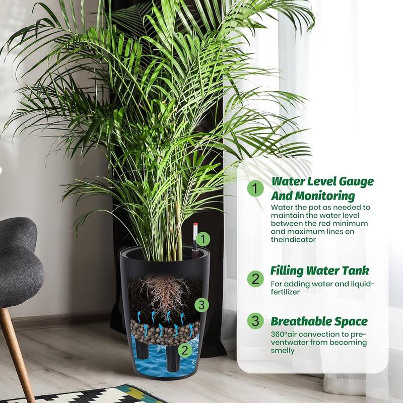 2-Pack 16Inch Tall Self-Watering Planters with Water Level Monitor and Drainage Holes Black